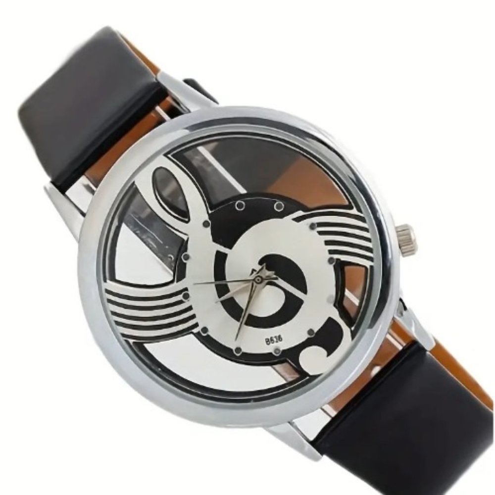 New Music Symbol Quartz Watch Transparent Hollow Design  Black Leather